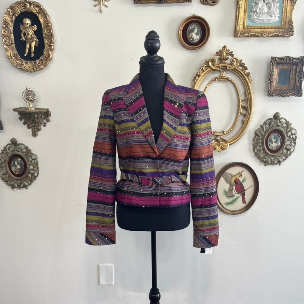 Claude Patrick Paris Striped Sequined Belted Blazer NWT Size 38 Multicolor